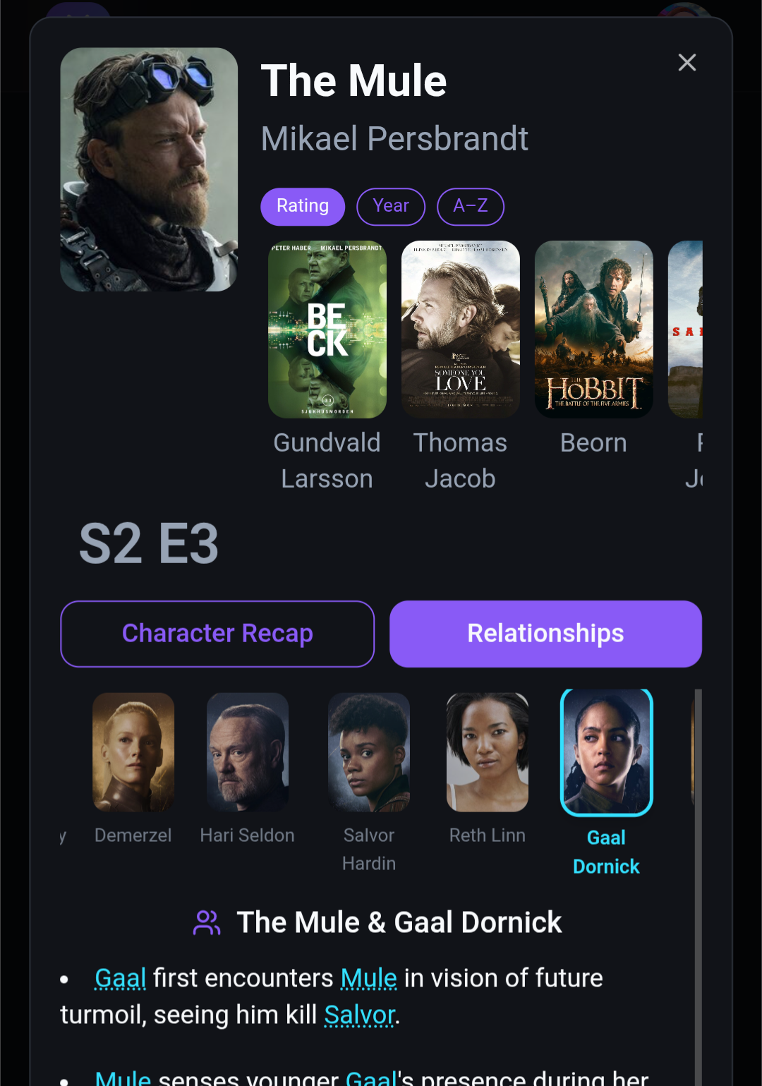 Character backstory and relationships feature showing episode-specific character information