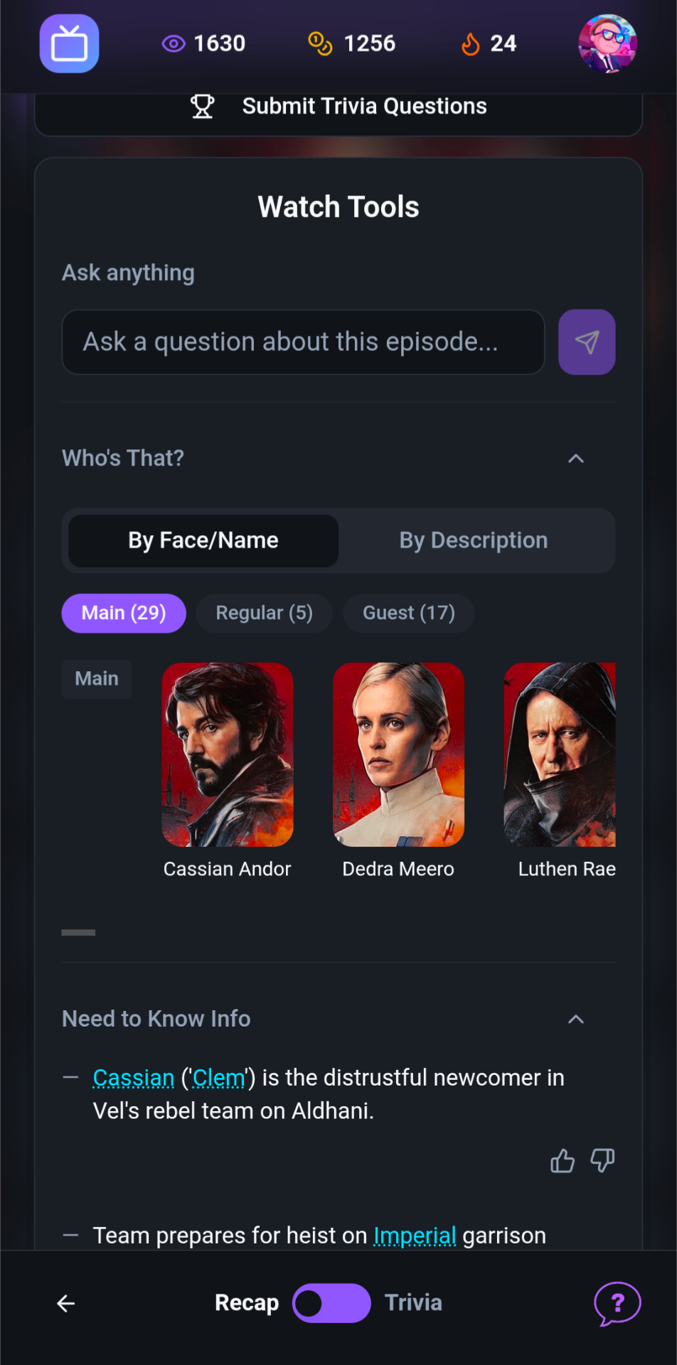 Watch tools feature showing contextual episode information